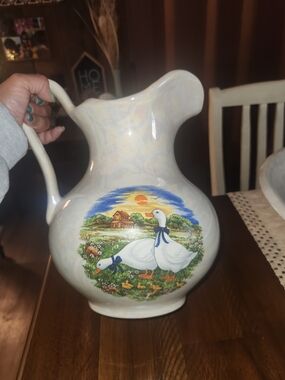 White Ceramic Pitcher with Farm Goose Illustration